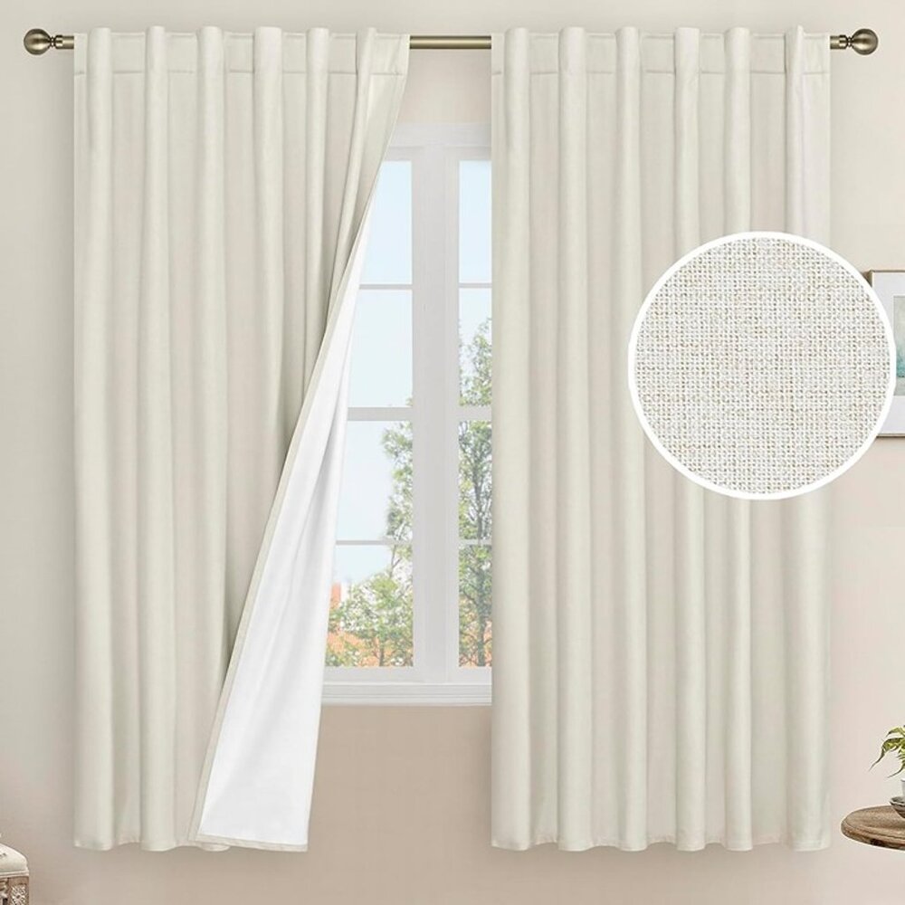 NEW 2 Panels 100% Blackout Natural Linen Curtains, 63 Inches Linen Textured